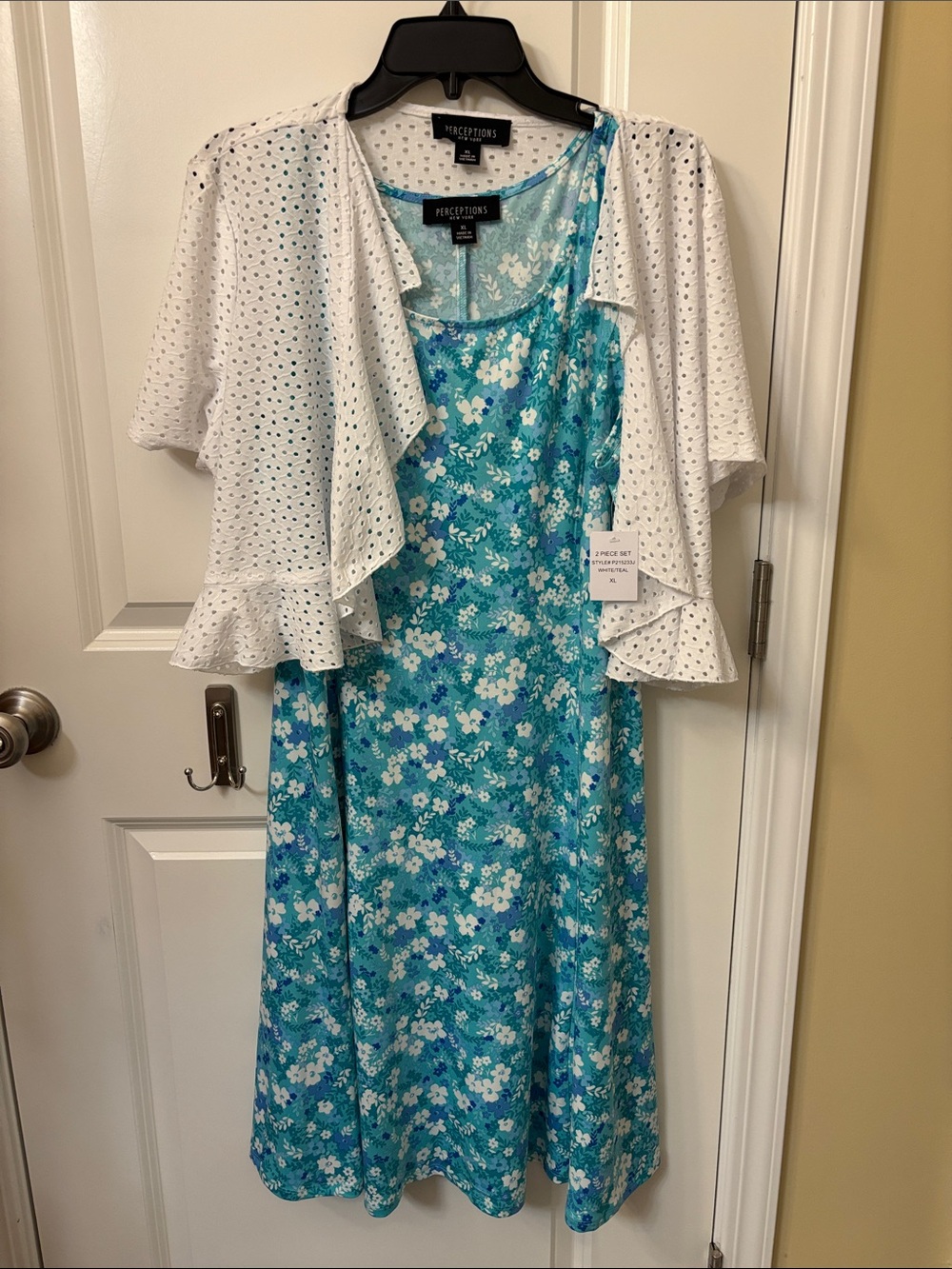 Perceptions Turquoise Floral Midi Dress with White Eyelet Bolero